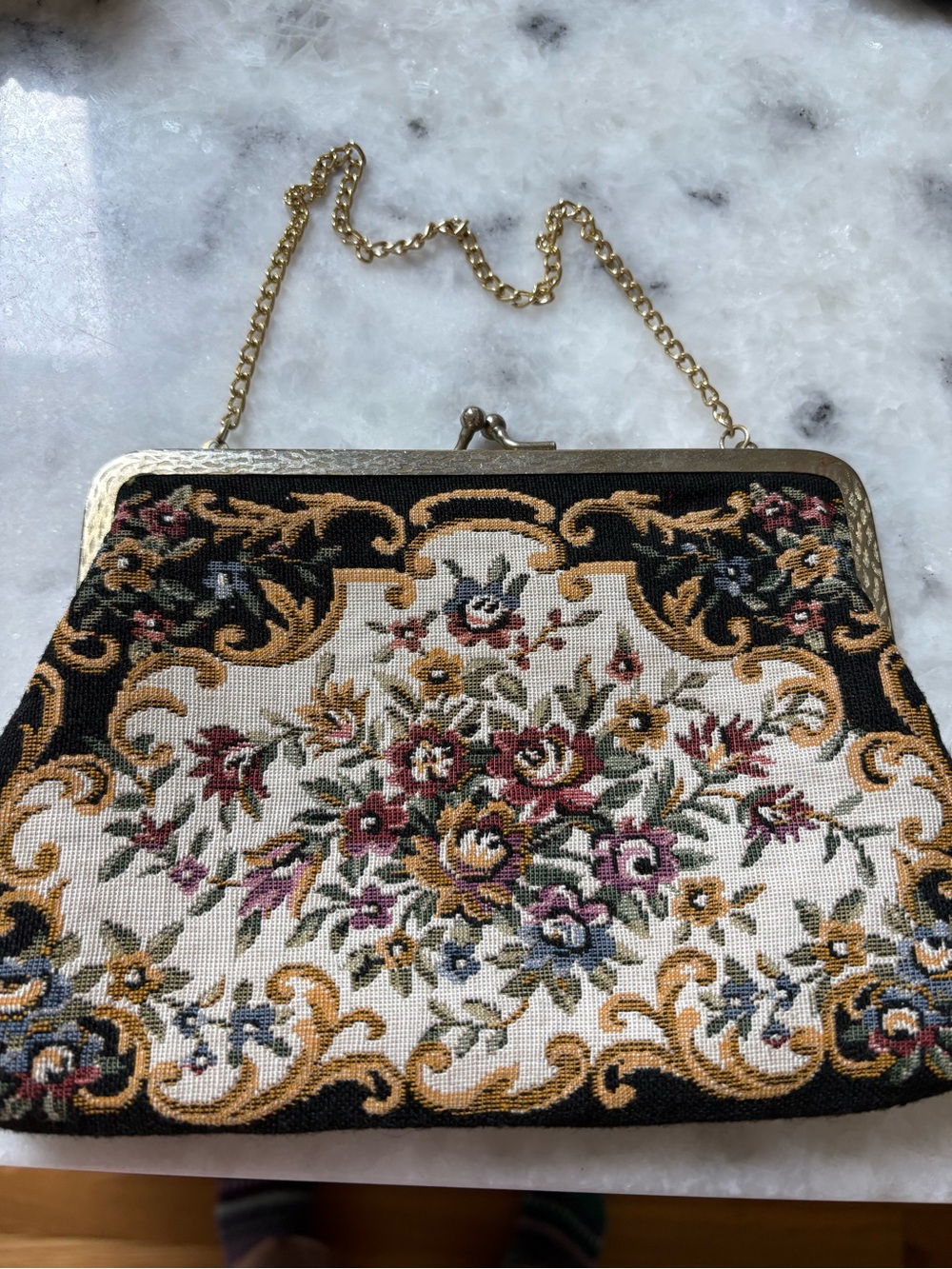 Vintage Floral Tapestry Evening Bag with Gold Chain